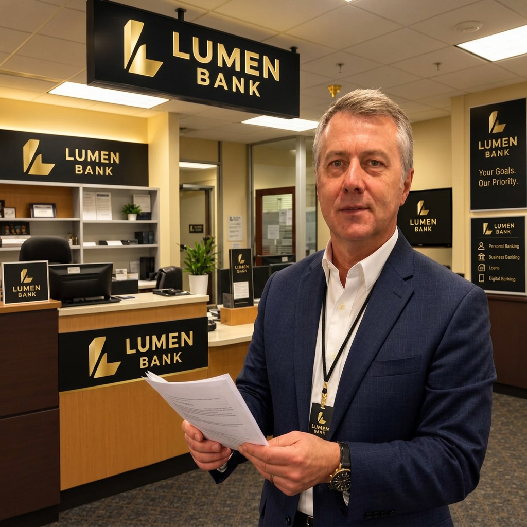 Lumen Bank branch manager welcoming customers