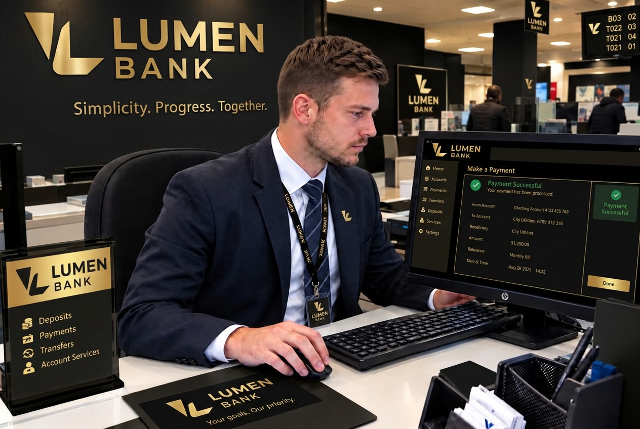Lumen Bank advisor processing a customer payment at the branch desk